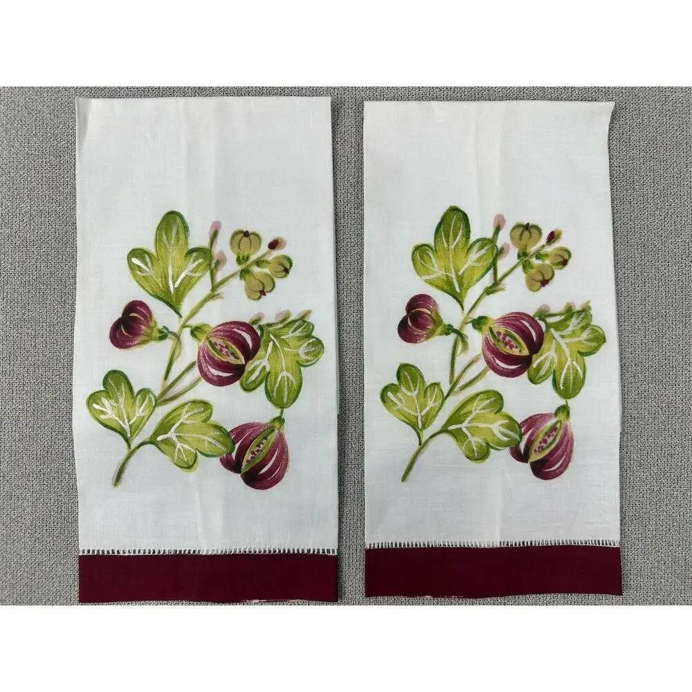 Set of Two (2) Tea Towels LINEN‎ White Maroon & Green Floral VTG Hand Painted